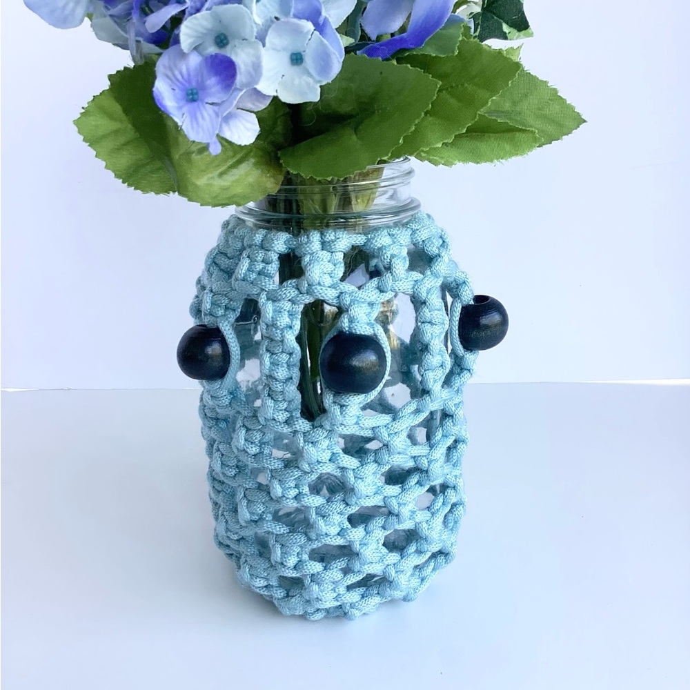 Vase Macrame Hand Crafted Floral Decor Accent Blue Navy Beads Botanical Gift - Picture 9 of 12